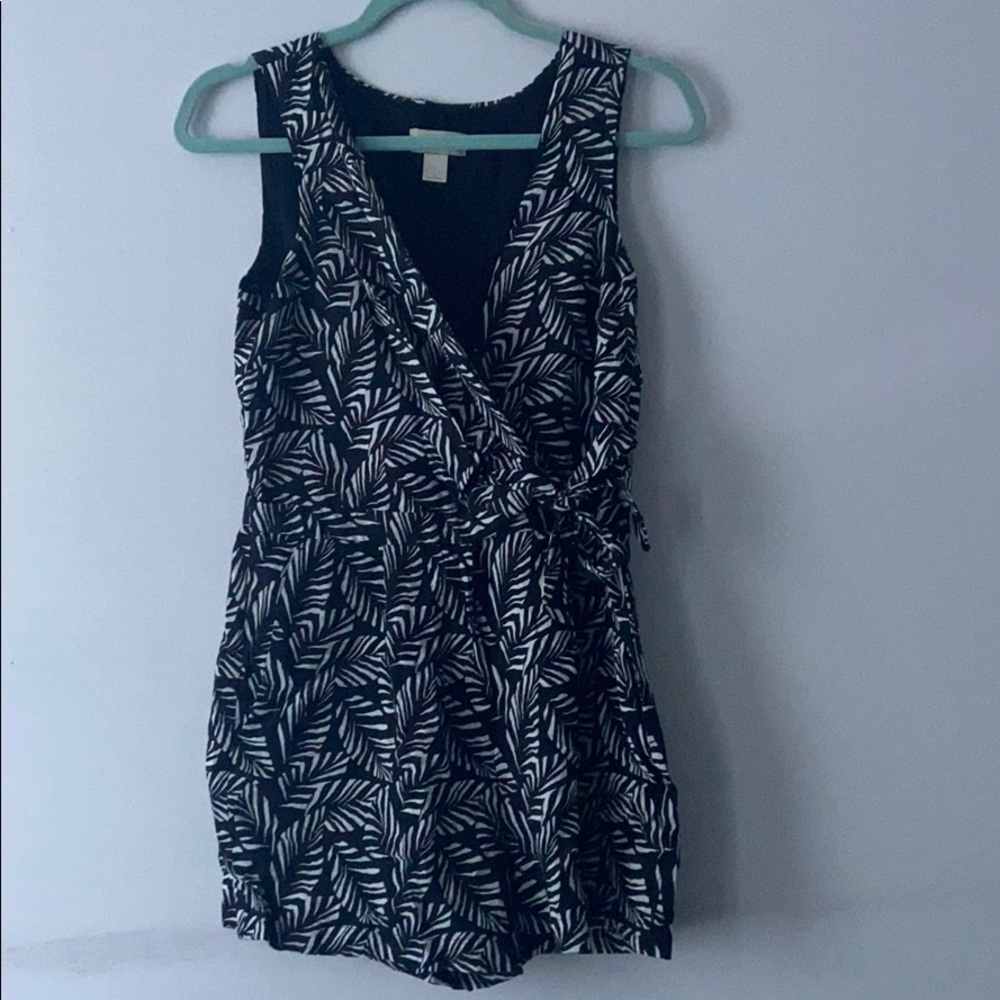 Loft Black and White Jungle Leaf Wrap Romper